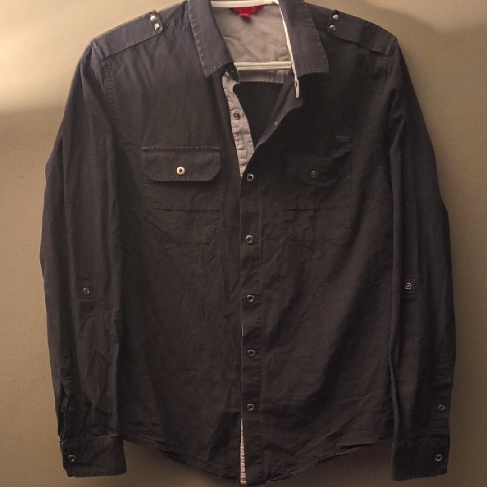 Guess Black Button Down Shirt with Shoulder Strap Accents